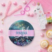 Glam Mermaid Aqua Gold Glitter Sparkles Monogram Papieren Bordje (Feest)