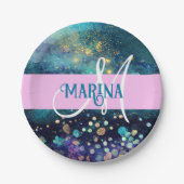 Glam Mermaid Aqua Gold Glitter Sparkles Monogram Papieren Bordje (Voorkant)