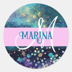 Glam Mermaid Aqua Gold Glitter Sparkles Monogram Ronde Sticker