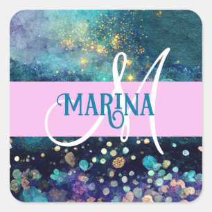 Glam Mermaid Aqua Gold Glitter Sparkles Monogram Vierkante Sticker