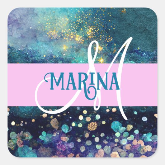 Glam Mermaid Aqua Gold Glitter Sparkles Monogram Vierkante Sticker (Voorkant)