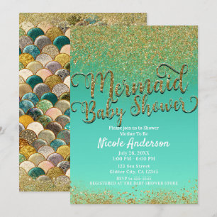 Glam Mermaid Baby shower Gold Glitter en Blauwgroe Kaart