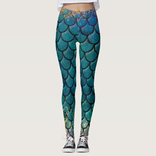 Glam Mermaid Fish Scales Blauwgroen Paars Gold Spa Leggings (Voorkant)