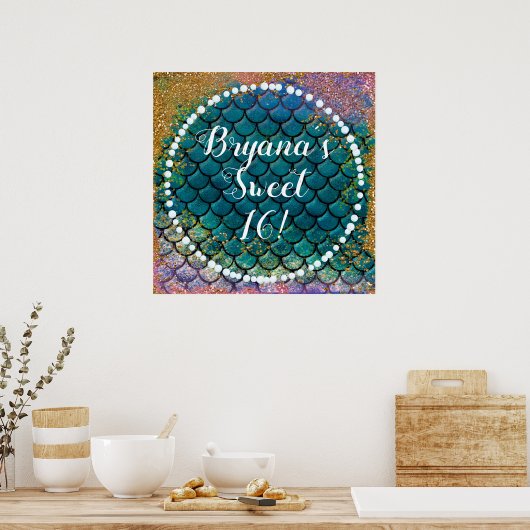 Glam Mermaid Fish Scales Blauwgroen Paars Gold Spa Poster (Keuken)