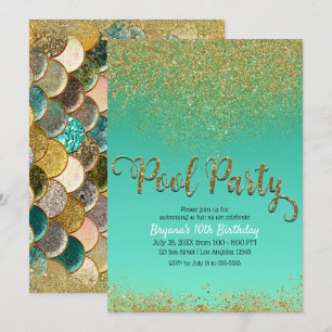 Glam Mermaid Pool Party Gold Glitter Blauwgroen ve Kaart