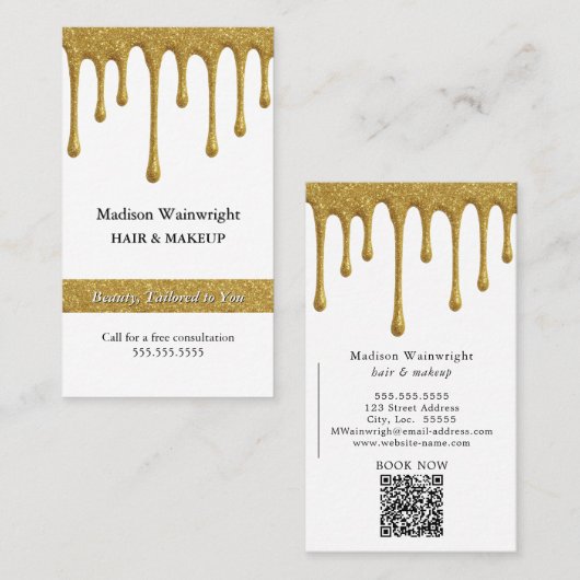 Glam Metallic Gold Glitter Drips Visitekaartje (Voorkant / Achterkant)