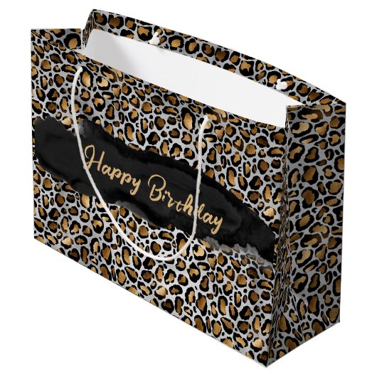 Glam Metallic Leopard Print Birthday Groot Cadeauzakje (Achterkant Gekanteld)
