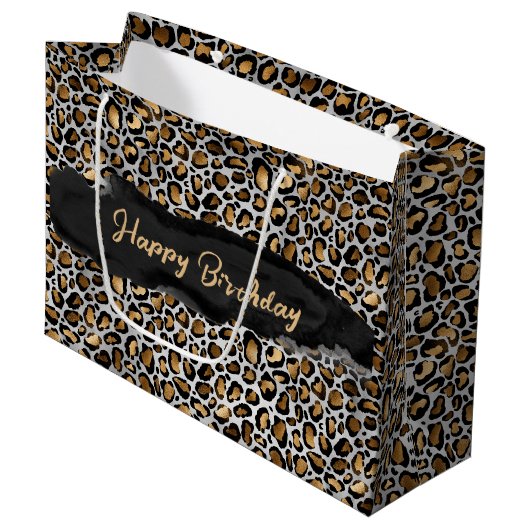 Glam Metallic Leopard Print Birthday Groot Cadeauzakje (Voorkant Gekanteld)