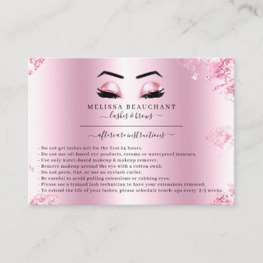 Glam Metallic Roze Glitter Lashes Salon Aftercare Visitekaartje (Voorkant)