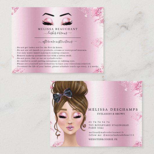 Glam Metallic Roze Glitter Lashes Salon Aftercare Visitekaartje (Voorkant / Achterkant)