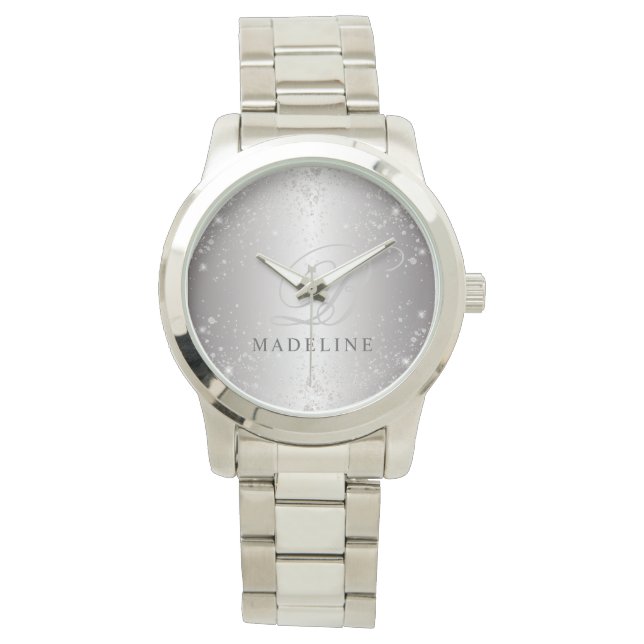 Glam Metallic Silver Glitter  naam Horloge (Voorkant)