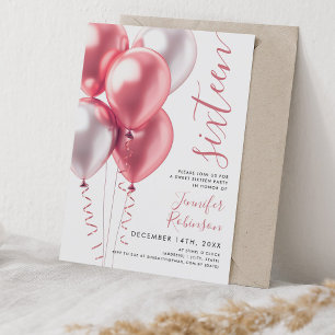 Glam Minimal Blush Pink Balloons Sweet 16 Verjaard Kaart