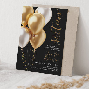 Glam Minimal Gold Balloons Sweet 16 Birthday Black Kaart