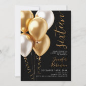 Glam Minimal Gold Balloons Sweet 16 Birthday Black Kaart (Voorkant)