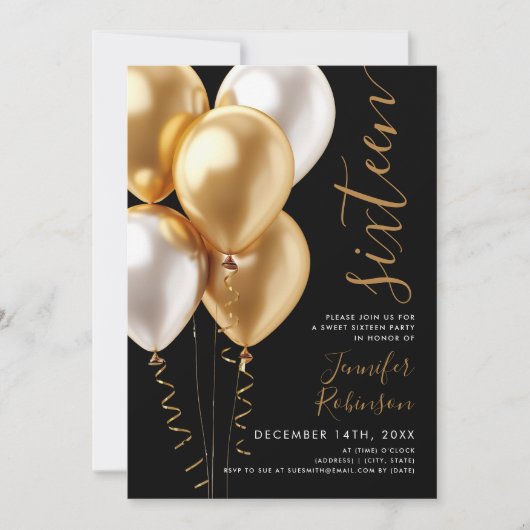 Glam Minimal Gold Balloons Sweet 16 Birthday Black Kaart (Voorkant)