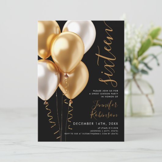 Glam Minimal Gold Balloons Sweet 16 Birthday Black Kaart (Staand voorkant)