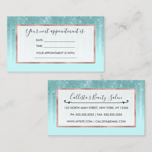 Glam Mint Green Aqua Glitter Striped Gradient Afsprakenkaartje (Voorkant / Achterkant)