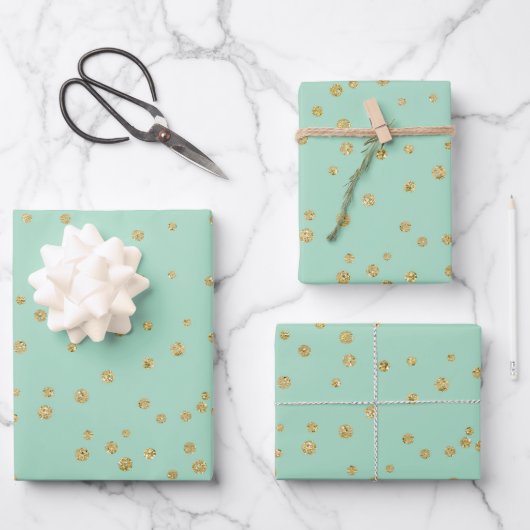 Glam Mint Green en Gold Polka Dots Pattern Inpakpapier Vel (Voorkant)