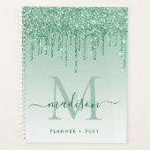 Glam Mint Green Glitter Drips Girly Monogram 2021 Planner (Voorkant)