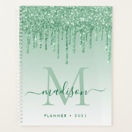 Glam Mint Green Glitter Drips Girly Monogram 2021 Planner