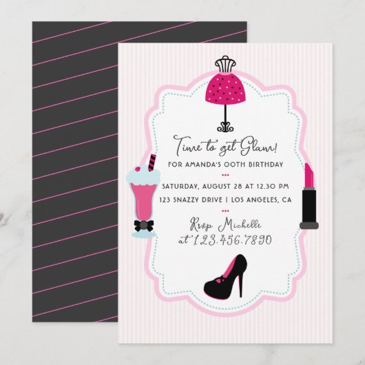 Glam Mode Diva Birthday Party Invitation Kaart (Voorkant / Achterkant)