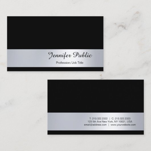 Glam Modern Script Silver Plain geavanceerd bovena Visitekaartje (Voorkant / Achterkant)