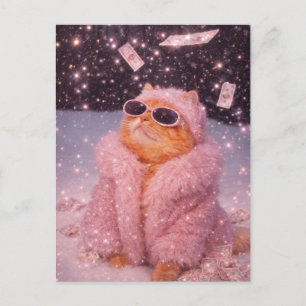 Glam Money Kat in Roze Bontjas en Zonnebril     Briefkaart