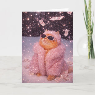Glam Money Kat in Roze Bontjas en Zonnebril     Kaart