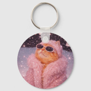 Glam Money Kat in Roze Bontjas en Zonnebril Sleutelhanger