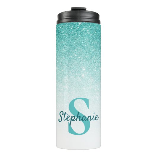 Glam Monogram Glitter Blauwgroen Ombre Thermosbeker (Voorkant)
