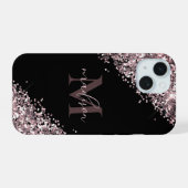 Glam Monogram Glitter Roze Goud iPhone 15 Case (Achterkant horizontaal)
