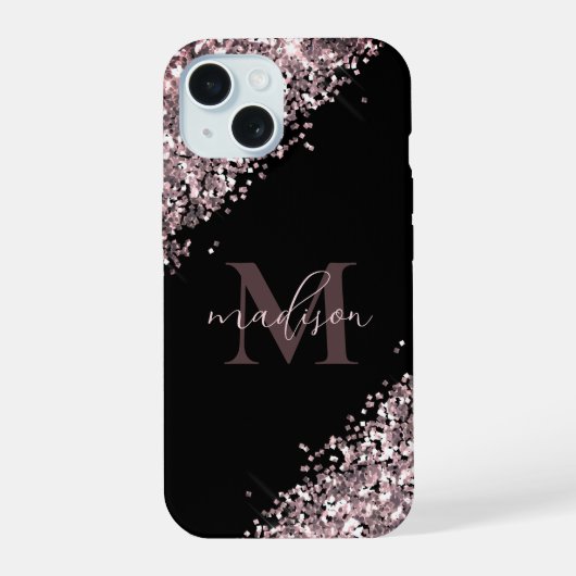 Glam Monogram Glitter Roze Goud iPhone 15 Case (Achterkant)