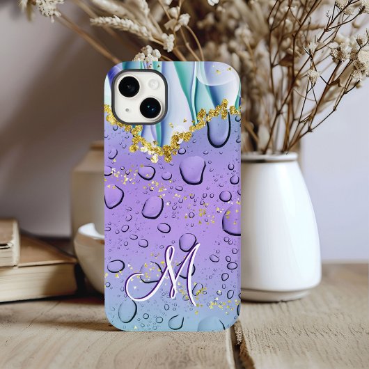 Glam Monogram M Goud Paarse Fantasie Regendruppels Case-Mate iPhone Case