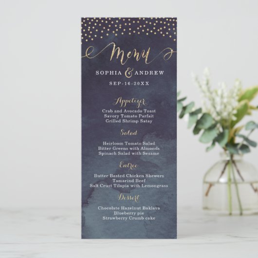 Glam nacht faux goud kalligrafie bruiloft menu (Staand voorkant)
