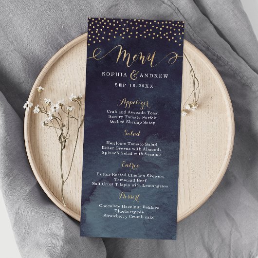 Glam nacht faux goud kalligrafie bruiloft menu
