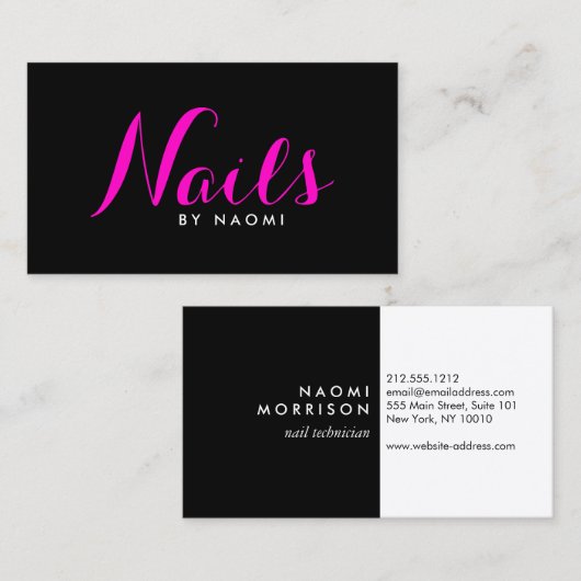Glam Nails Script Tekst Roze/Zwart Visitekaartje (Voorkant / Achterkant)