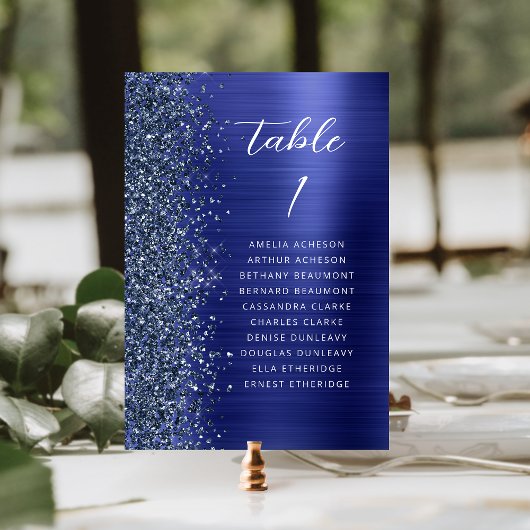 Glam Navy Blau Metallic Glitter Script Trouwfeest Kaart