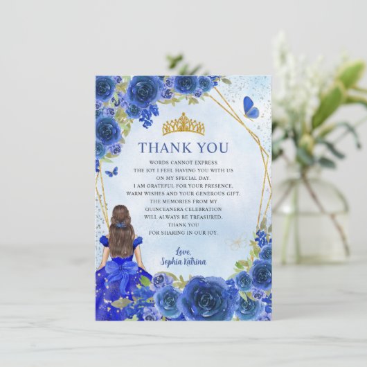 Glam Navy Blauw Goud Bloemen Prinses Quinceañera Bedankkaart (Staand voorkant)