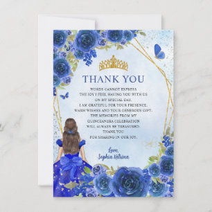 Glam Navy Blauw Goud Bloemen Prinses Quinceañera Bedankkaart