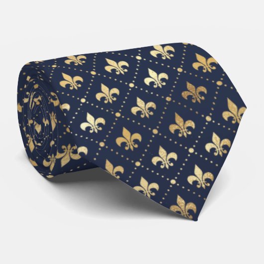 Glam Navy Blauw Goud Fleur de Lis Stropdas (Opgerold)