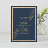 Glam navy blauw goud glitter blad bloemenbruiloft kaart (Staand voorkant)