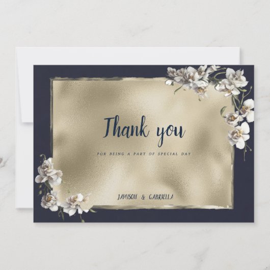 Glam navy blauw goud wit orchidee bloem Dank u Kaart (Voorkant)