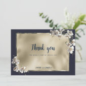 Glam navy blauw goud wit orchidee bloem Dank u Kaart (Staand voorkant)