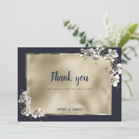 Glam navy blauw goud wit orchidee bloem Dank u Kaart (Staand voorkant)