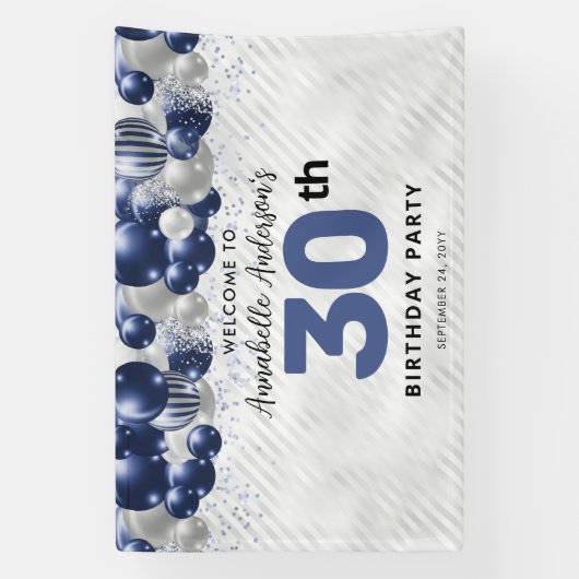 Glam Navy Blauw Zilveren Ballon Glitter Welkom Spandoek (Verticaal)