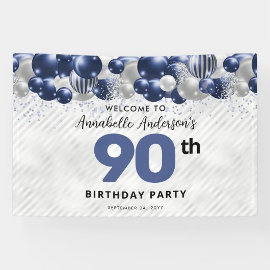Glam Navy Blauw Zilveren Ballon Glitter Welkom Spandoek (Horizontaal)