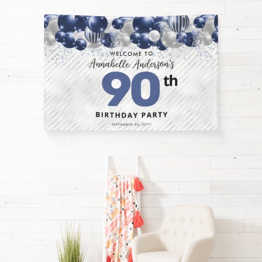 Glam Navy Blauw Zilveren Ballon Glitter Welkom Spandoek (Insitu)