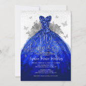 Glam Navy Blauw Zilveren Jurk Mis Quince Quinceañe Kaart (Voorkant)