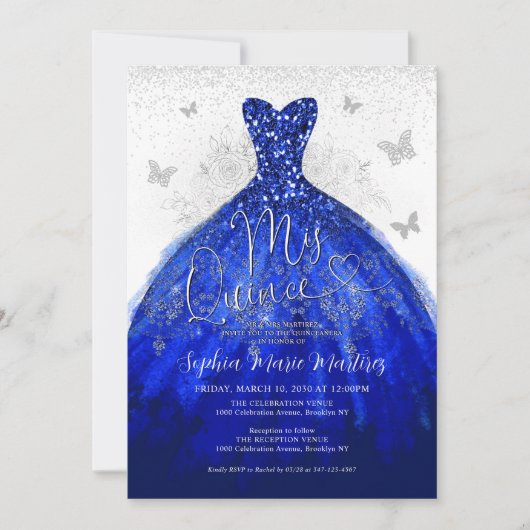 Glam Navy Blauw Zilveren Jurk Mis Quince Quinceañe Kaart (Voorkant)