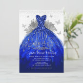 Glam Navy Blauw Zilveren Jurk Mis Quince Quinceañe Kaart (Staand voorkant)